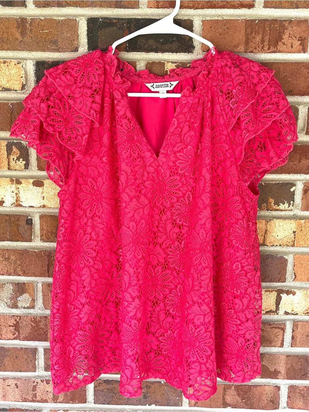 Nanette Lepore Hot Pink  Floral Paisley Layered Lace V Neck Blouse Large